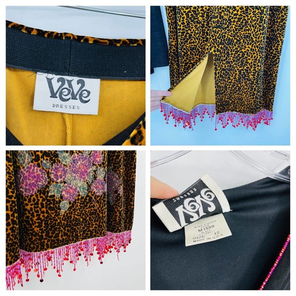 VTG 90s Y2K VeVe Dresses Velvet Leopard Outfit Top Skirt Beaded STRETCH Women 12 - Picture 6 of 11